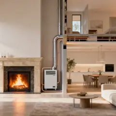 Sistema de calefacción que permite aprovechar calor tubo chimenea para calentar toda la casa, desde el salón hasta el dormitorio.