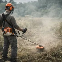 Hombre con equipo de protección realiza desbroce terreno, levantando polvo y vegetación con una desbrozadora.