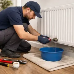 Un fontanero repara un radiador que gotea, usando una llave para apretar una conexión mientras el agua cae en un cubo azul.