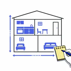 Ilustración de una casa con medidas y una mano anotando en una libreta, para saber los metros cuadrados de una habitación.