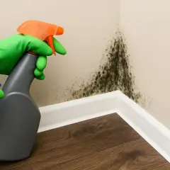 Manos con guantes verdes limpian moho en esquina de pared, causado por condensación. Usa spray y esponja.