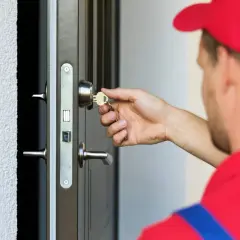 Un técnico con gorra roja inserta una llave para el cambio de cerradura en una puerta metálica.