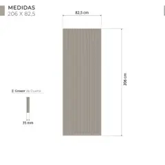 Diagrama muestra cómo hacer puerta con listones de madera. Tres opciones de medidas: 203x72.5, 206x82.5 y 211x92.5 cm. Grosor de puerta 35 mm.