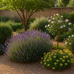 Jardín con lavanda, arbustos verdes y flores rosadas y amarillas. Un oasis de plantas de exterior en Madrid.