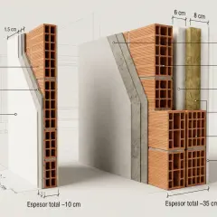 Detalle de dos tipos de muros de ladrillo: uno simple de 10 cm y otro compuesto de 35 cm con aislamiento.