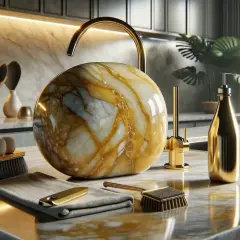 Detalles de limpieza para pulir mármol en casa: un cepillo, paño y dispensador dorado sobre una encimera de mármol.