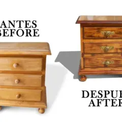 Mesitas de noche vintage antes y después de restaurar. La de la izquierda, sin tratar; la de la derecha, renovada con herrajes dorados.