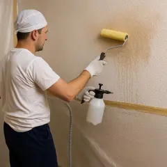 Hombre aplicando líquido con pulverizador y rodillo para quitar el gotelé sin esfuerzo.