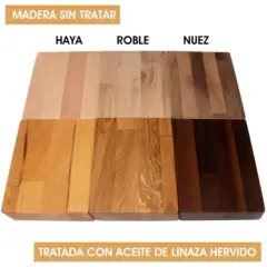 Maderas de haya, roble y nuez sin tratar y tratadas con aceite de linaza hervido, mostrando el antes y el después.