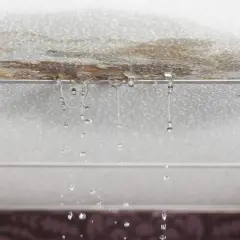 Gotas de agua caen de un techo manchado, señal de que la impermeabilización de tejados es urgente.