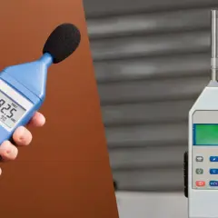 Dos sonómetros, uno azul en mano y otro plateado, muestran cómo medir decibelios.