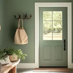 Entrada acogedora con paredes verde salvia, sombreros de paja, plantas y puerta de cristal. ¡Excelentes trucos para pintar paredes!