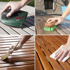 Pasos para tratar la madera para exterior: lijar, lavar con cepillo, aplicar protector con brocha y secar con paño.
