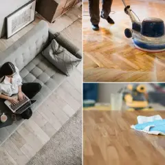 Una mujer trabaja en su portátil en un sofá gris. En otra imagen, se pule un suelo de parquet. Finalmente, se limpia una superficie de madera.