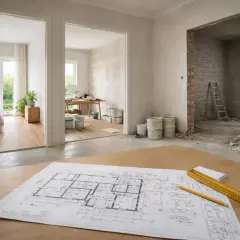 Planos de una casa en renovación, con planos de planta, cubos de pintura y una escalera. Se planea cambiar el suelo de la casa.