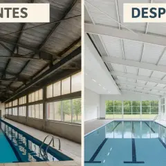 Transformación de una piscina interior: antes, un espacio oscuro y deteriorado; después, luminoso y moderno, listo para nadar.