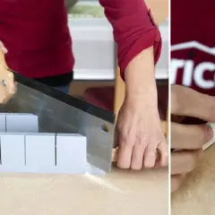 Persona usa una caja de ingletes para hacer un corte a inglete perfecto en una moldura. La otra imagen muestra un detalle de la esquina de un marco.