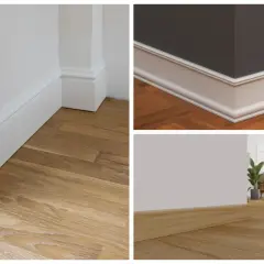 Detalles de rodapié blanco y suelo de madera en diferentes estilos.