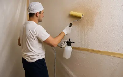 Hombre aplicando líquido con pulverizador y rodillo para quitar el gotelé sin esfuerzo.