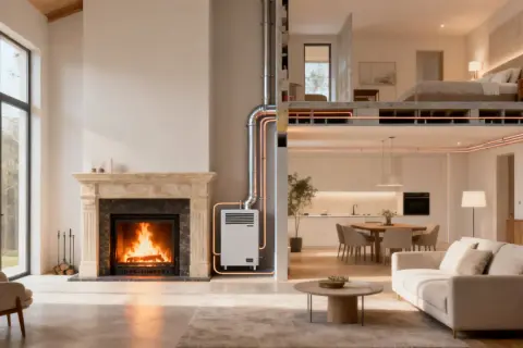Sistema de calefacción que permite aprovechar calor tubo chimenea para calentar toda la casa, desde el salón hasta el dormitorio.