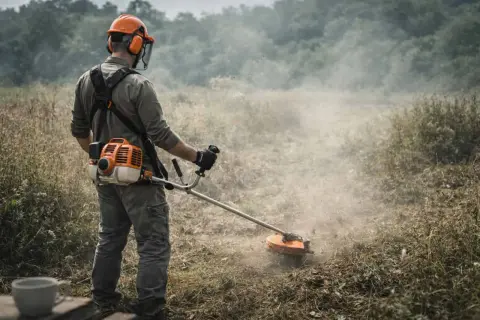 Hombre con equipo de protección realiza desbroce terreno, levantando polvo y vegetación con una desbrozadora.