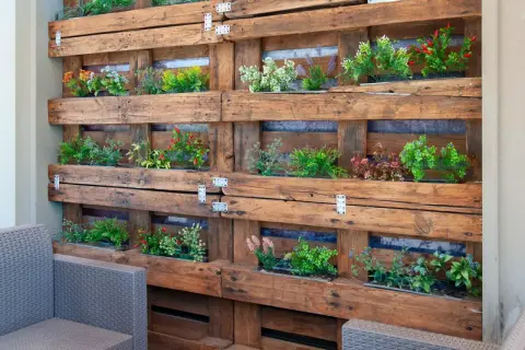 Un **jardín vertical con palets** crea un oasis verde. Plantas de colores vibrantes crecen en compartimentos de madera rústica, invitando a la relajación.