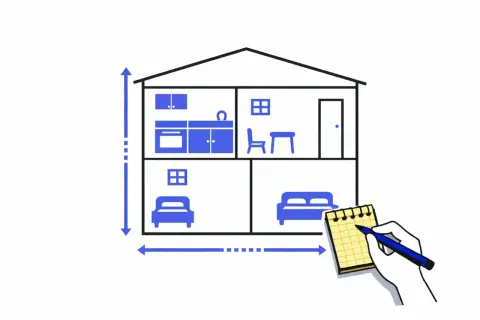 Ilustración de una casa con medidas y una mano anotando en una libreta, para saber los metros cuadrados de una habitación.