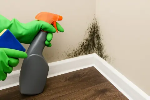 Manos con guantes verdes limpian moho en esquina de pared, causado por condensación. Usa spray y esponja.