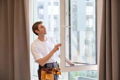 Un hombre con cinturón de herramientas ajusta una **regular ventana oscilobatiente**.