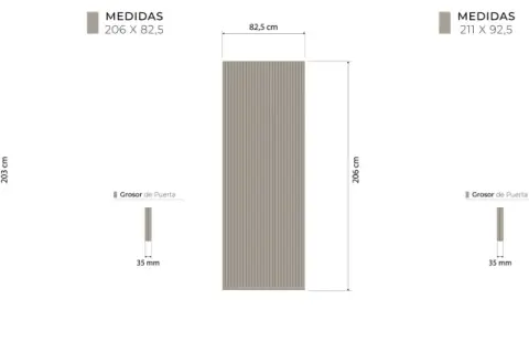 Diagrama muestra cómo hacer puerta con listones de madera. Tres opciones de medidas: 203x72.5, 206x82.5 y 211x92.5 cm. Grosor de puerta 35 mm.
