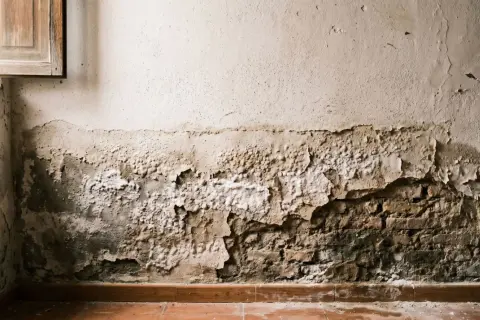 Pared con pintura descascarada y ladrillos expuestos, mostrando cómo eliminar la humedad que brota del suelo.