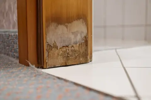 Marco de puerta de madera dañado, con moho y descascarado. Se necesita una solución para quitar moho madera vinagre.