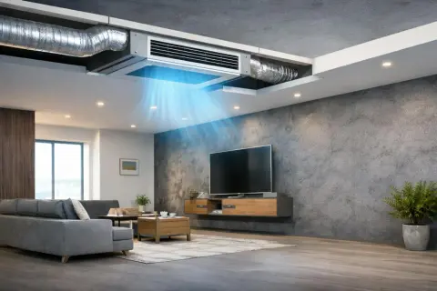 Salón moderno con climatización por conductos invisible, que distribuye aire fresco y azulado.