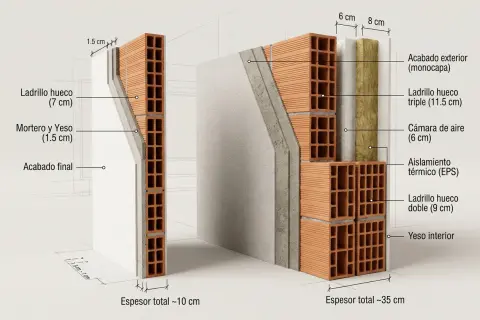 Detalle de dos tipos de muros de ladrillo: uno simple de 10 cm y otro compuesto de 35 cm con aislamiento.