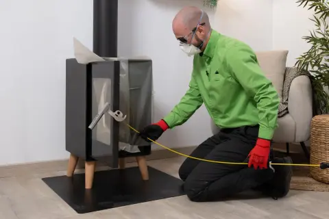 Hombre con mascarilla y guantes rojos realiza la tarea de deshollinar chimenea, usando una herramienta para limpiar el interior.
