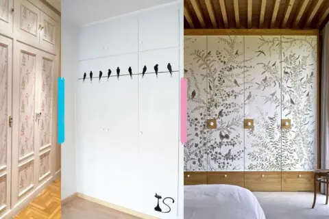 Armarios empotrados con diseños florales y de pájaros. Ideas para forrar armario empotrado con estilo.