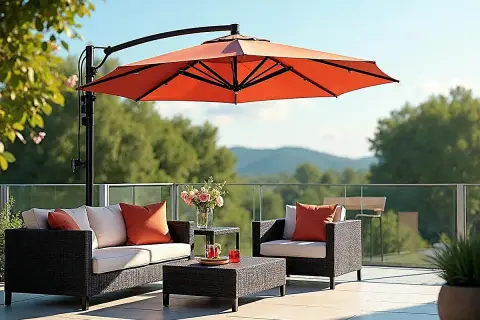 Un toldo cantilever naranja protege un conjunto de muebles de exterior con cojines color crema y naranjas.