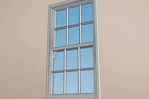 Ventana de guillotina con un clip de seguridad visible en el lateral, listo para quitar.