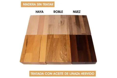 Maderas de haya, roble y nuez sin tratar y tratadas con aceite de linaza hervido, mostrando el antes y el después.