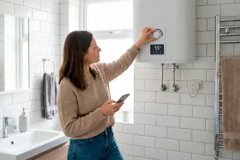 Mujer ajustando el termostato de un termo eléctrico mientras revisa su móvil. Mantenimiento termo eléctrico sencillo y moderno.