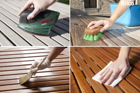 Pasos para tratar la madera para exterior: lijar, lavar con cepillo, aplicar protector con brocha y secar con paño.