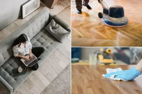 Una mujer trabaja en su portátil en un sofá gris. En otra imagen, se pule un suelo de parquet. Finalmente, se limpia una superficie de madera.