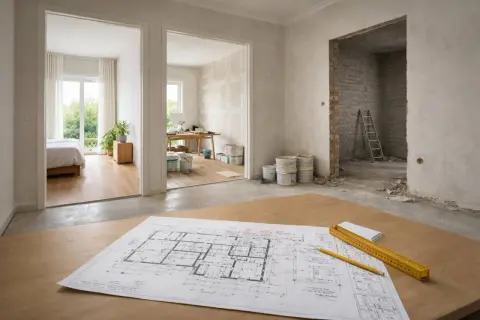 Planos de una casa en renovación, con planos de planta, cubos de pintura y una escalera. Se planea cambiar el suelo de la casa.