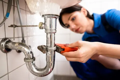 Mujer fontanera usando llave inglesa para reparar tubería con fugas bajo el lavabo.