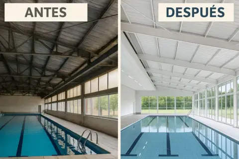 Transformación de una piscina interior: antes, un espacio oscuro y deteriorado; después, luminoso y moderno, listo para nadar.
