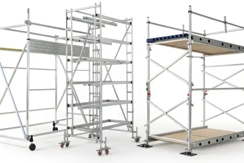 Tres tipos de andamios modulares de aluminio, listos para cualquier proyecto de construcción o mantenimiento.