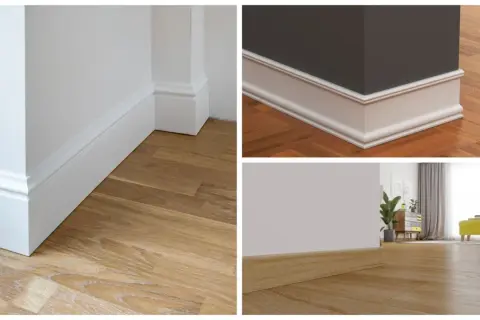 Detalles de rodapié blanco y suelo de madera en diferentes estilos.