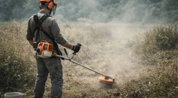 Hombre con equipo de protección realiza desbroce terreno, levantando polvo y vegetación con una desbrozadora.