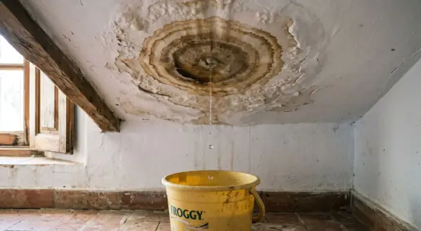 Goteo en el techo y un cubo amarillo recogen agua. Urge reparar tejado para evitar daños mayores.