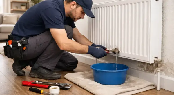 Un fontanero repara un radiador que gotea, usando una llave para apretar una conexión mientras el agua cae en un cubo azul.